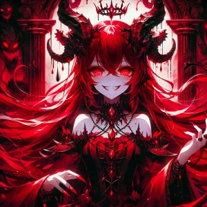 A hyper-intense anime demon girl with long flowing blood-red hai...