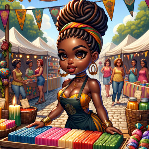 "Envision a digital painting of a vibrant African American chibi character, boasting an athletic yet curvy build. She has wide almond-shaped eyes and luscious full lips. Her hair is elegantly styled into an updo of locs, each adorned with shiny golden cuffs. She stands proudly behind a booth at a bustling craft fair, surrounded by her own handmade colorful soaps and aromatic candles. She wears a branded apron over a cheerful summer dress, actively engaging with customers. The perspective of the artwork is dynamic, with the craft table positioned at an inviting angle, allowing a three-dimensional view of the varied products. Banners flutter above her, displaying the brand name in a festive font. This scene is alive with the fair's energetic atmosphere, focusing on the rich interactions between the creator and her patrons, and showcasing the intricate textures and vivid colors of the crafts."