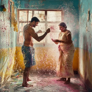 A well-built, perspiring Indian man engaging in Holi festivities...