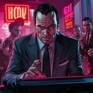 A Grand Theft Auto-style illustration featuring a pale, exhauste...