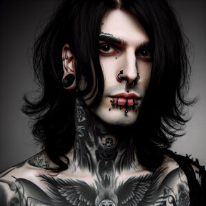 A long black haired Gothic Man with piercings and Gothic tattoos