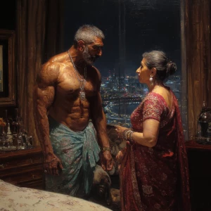 Hyperrealism painting,A sweaty beefy muscular indian man standin...