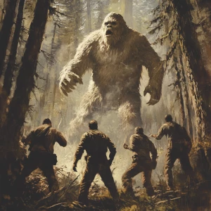 A group of six men chase a towering, hair-covered humanoid sasqu...