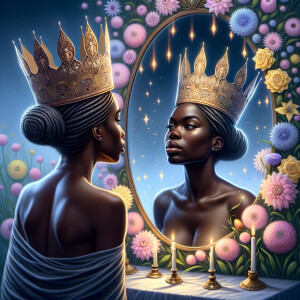 An African-American woman stands before a mirror, her gaze introspective and curious. As she peers into the reflective glass, a majestic transformation unfolds within its frame. Her reflection reveals not just her everyday visage, but that of a regal queen adorned with an elegant crown, symbolizing strength, wisdom, and grace. The crown is intricately designed, shimmering with the promise of untold stories and heritage. Around her, the background blossoms into a serene tableau of pastel flowers, each petal a whisper of beauty, resilience, and growth. These gentle hues of pinks, blues, and yellows create a soft, dreamlike atmosphere, enveloping the queen in a world where her royal essence is acknowledged and celebrated. This image captures the moment of self-realization and empowerment, a visual metaphor for the inner royalty that resides within, waiting to be acknowledged in the mirror of her soul.