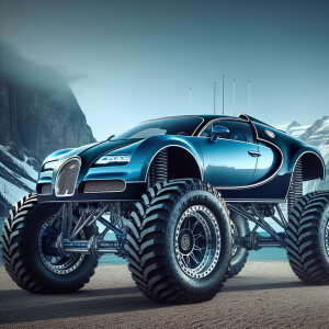 A big Bugatti with a lift kit. Blue and white