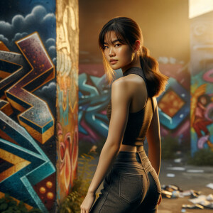 Athletic Thin skinny Attractive, Asian teenage girl, long brown hair and bangs, wearing tight skinny jeans and a halter top paint marks on her clothing, heroic pose Asian graffiti background, backside view