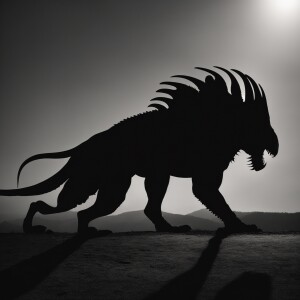 silhouette of a xenomorph crawling, black and white, showing ful...