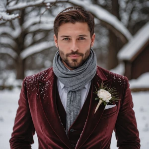 photography, look to the front, a groom in a wool or velvet suit...