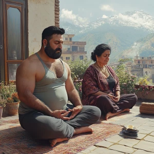 Photorealism,fantasy,A man muscular beefy sweaty doinga yoga sit...