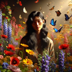 A breathtaking 3D 8K UHD photorealistic scene. A young woman wit...