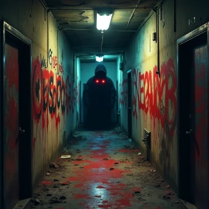 Twisted, nightmarish graffiti covering a decaying urban alleyway, dripping and pulsating with unnatural colors; a shadowy figure with glowing red eyes lurks in the background.