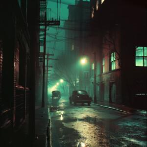 A dimly lit street with a sinister atmosphere in the 1950s