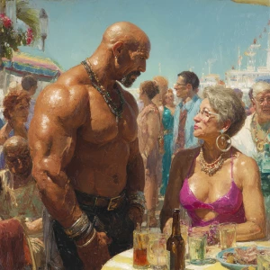 Create a hyperrealism painting of a muscular, sweaty American ma...