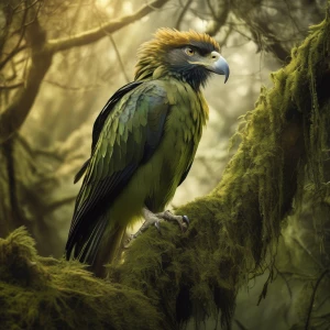 In a secluded forest clearing, a wild grungy harpy perches on a gnarled tree branch, her tangled feathers a mix of earth tones and mossy greens. With piercing golden eyes and a beak sharp as a dagger, she exudes an air of untamed beauty and danger. The image is a striking photograph, capturing every gritty detail with exquisite clarity and depth. Each feather and claw is rendered with stunning realism, further enhancing the raw power and mystery of this mythical creature. The viewer is irresistibly drawn into the enchanting world of the harpy, where nature's primal essence reigns supreme.