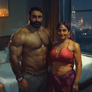 realism art style.A sweaty beefy muscular man standing with his...