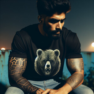 An athletic man is sitting outdoors at night, wearing a black t-...