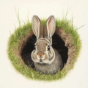 create an image of a rabbit coming out of a hole in a grassy fie...
