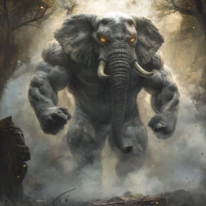 In a mystical ancient forest, a colossal gray elephant begins a...