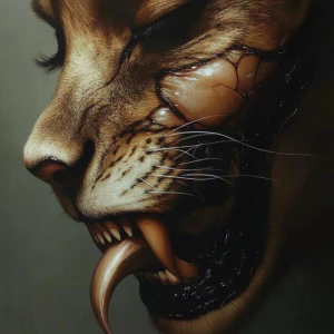 A symbiote woman's face transforming into a lion's snout.