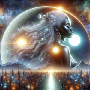 A ethereally luminous moon Goddess, her Nigerian color and figure outlined against the backdrop of a star-studded night sky. This breathtaking portrait photograph captures her graceful silhouette in profile, with flowing silver hair cascading down her back. The celestial body's serene expression exudes wisdom and power, while her eyes seem to hold secrets of the universe. The image is expertly composed, with a soft, celestial glow that highlights her otherworldly beauty. Truly a masterpiece of celestial photography. In the half earth and half metallic world of this alternate dimension, known as Xironia, the sky is a dazzling display of dual suns, casting a mesmerizing glow upon the landscape of gleaming silver and shimmering gold. The inhabitants of Xironia have adapted to the vibrant hues of the twin suns, their metallic bodies reflecting and refracting the intense light in a symphony of colors. As the two suns move gracefully across the sky, their light dances upon the intricate architecture of the cities, turning them into radiant beacons of technology and innovation. Life on Xironia revolves around the dual suns, their presence shaping the very essence of this exotic world and fueling the fires of creativity and ambition in its denizens. Explore the wonders of Xironia, where the brilliance of two suns illuminates a landscape of mystery and marvels beyond imagination.