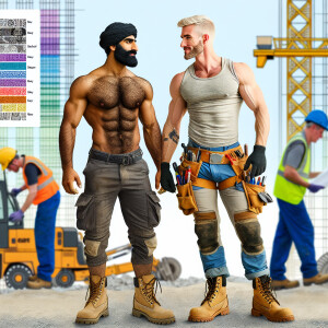 Two muscle rugged gay men working in constructionon the construc...