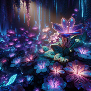 A futuristic, ethereal garden where reality merges with UV-refle...