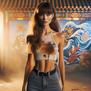 Athletic Thin skinny Attractive, Asian teenage girl, long brown hair and bangs, wearing tight skinny jeans and a halter top paint marks on her clothing, heroic pose Asian graffiti background, rear view