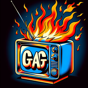 Tube TV with the word “GAG” on the screen on fire cartoon logo