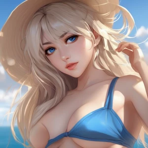 Mujer rubia de ojos azules en bikini