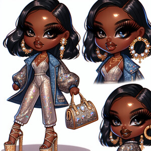 Create a 300dpi full-body chibi-style portrait of an elegant mel...