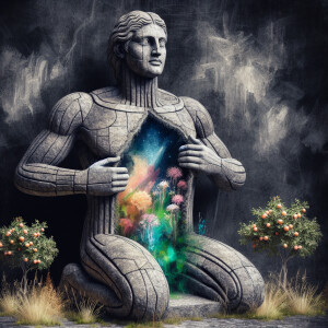 Image of a marble stature of a humanoid sitting on the ground. I...