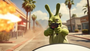 PEPE meme involved in a shootout in GTA style