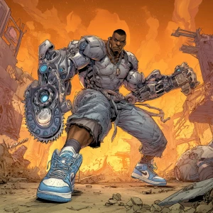 Depict a large, muscular Nigerian humanoid character in a dynami...