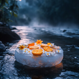 A stunning ice krathong with frozen citrus slices and fresh flow...