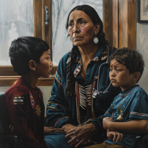 Create a realistic image of a native american woman with childre...