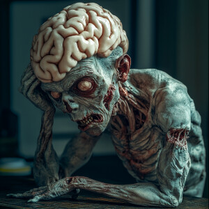 A zombie looking for his brain,  egxrated confused look on zombi...