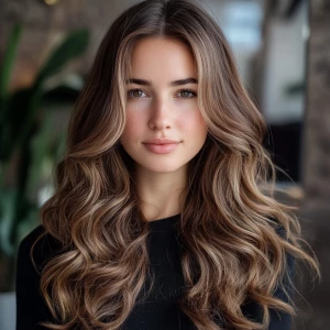 a woman, look to the camera, close up photo, Long Wavy Hair Hair...