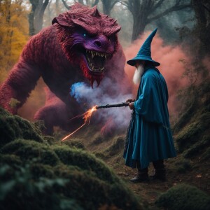 A wizard in battle with a monster