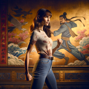 Athletic Thin skinny Attractive, Asian teenage girl, long brown hair and bangs, wearing tight skinny jeans and a halter top paint marks on her clothing, heroic pose Asian graffiti background, side view