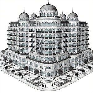 طراحی هتل چهار طبقه با نما سازی کلاسیک فاخر،پلان هتل به صورت ۸ ض...