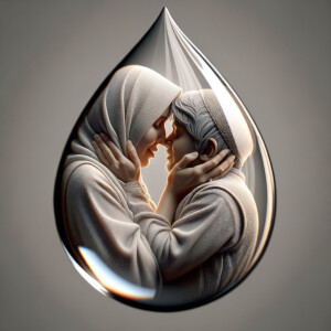 A drop of water, magnified to show intricate details, contains a photorealistic image of a mother kissing her son on the forehead. The image is an intricate moment . The image within the drop of water is a tender and heartwarming moment, frozen in time.