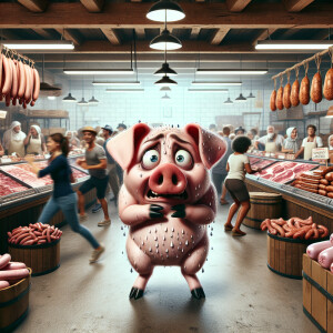 A panicked anamorphic pig in a meat market