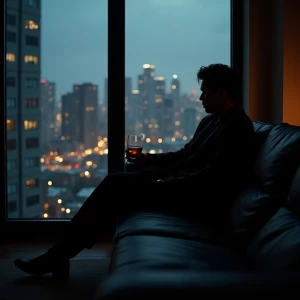 A cinematic, moody evening scene in a modern high-rise apartment...