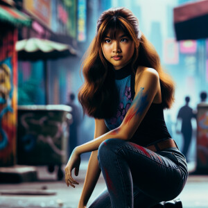 teenage girl, long brown hair and bangs, wearing tight skinny jeans and a halter top paint marks on her clothing, heroic pose Asian graffiti background, nearing on one knee