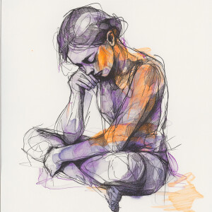 A sketch-like, low-detail black pen drawing of a youthful woman...