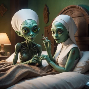 "Create a whimsical image of an alien with vibrant green skin an...
