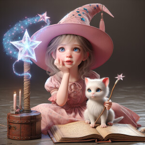 Create an image of a little girl witch in training. She is about...