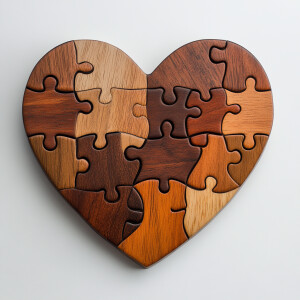 A wooden puzzle shaped like a heart with interlocking pieces, se...