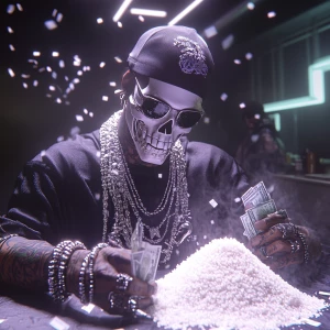 Cyborg's dressed in hip-hop clothing and half skull mask, wearin...