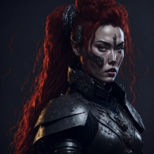 Wide angle full body potrait of a redhead samurai female warrior